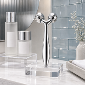 Wholesale 3D facial roller with faceted silver rollers for jawline contouring and facial massage, available for custom bulk orders.