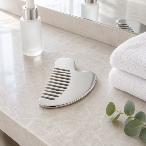 Wholesale stainless steel gua sha comb tool for scalp and facial massage, available for B2B private label bulk orders.