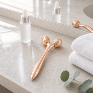 Wholesale 3D facial roller in rose gold for V-shape contouring massage, available for B2B private label and bulk orders.