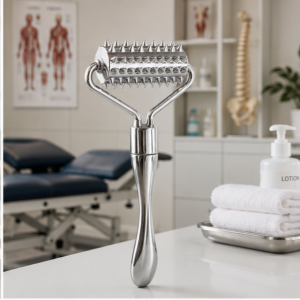 Wholesale spiked metal facial roller with a textured stainless steel head for stimulating massage, available for bulk OEM orders.