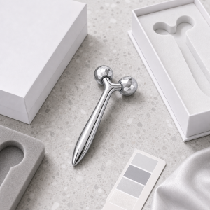 Wholesale 3D facial roller with faceted silver rollers for jawline contouring and facial massage, available for custom bulk orders.
