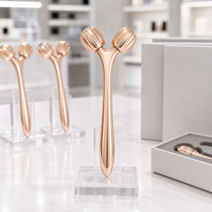 Wholesale 3D facial roller in rose gold for V-shape contouring massage, available for B2B private label and bulk orders.