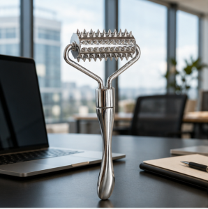 Wholesale spiked metal facial roller with a textured stainless steel head for stimulating massage, available for bulk OEM orders.