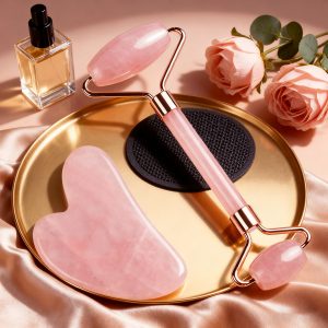 Wholesale rose quartz facial roller and gua sha set with gold accents for private label beauty brands and retailers.