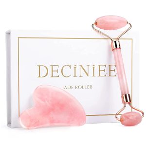 Wholesale rose quartz facial roller and gua sha set with gold accents for private label beauty brands and retailers.