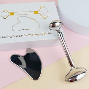 Wholesale stainless steel facial roller and gua sha tool set for private label beauty brands and B2B retailers.