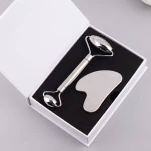Wholesale stainless steel facial roller and gua sha tool set for private label beauty brands and B2B retailers.