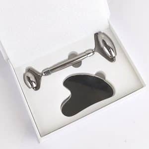 Wholesale stainless steel facial roller and gua sha tool set for private label beauty brands and B2B retailers.