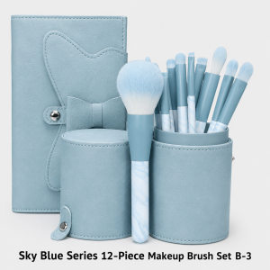 YT-SMB-003 marble sky blue vegan synthetic makeup brushes 12 pieces next to matching pouch and cylinder cases