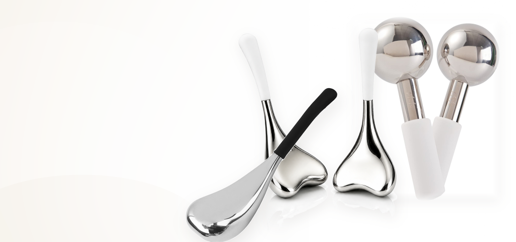 Wholesale metallic ice globes, cooling cryo spoons, and facial massage tools for custom private label brands.